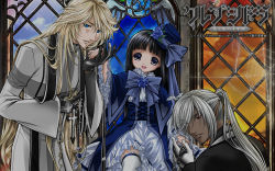 Rule 34 | 1girl, 2boys, algen (clepsydra), artist request, black hair, blonde hair, blue dress, blue eyes, blue flower, blue rose, blunt bangs, bow, chain, character request, child, clepsydra:hikari to kage no juujika, copyright name, corset, cross, dark skin, dress, eve (clepsydra), flower, frilled sleeves, frills, gloves, hat, hat bow, highres, holding hands, lipstick, lolita fashion, long hair, looking at viewer, makeup, mini hat, mini top hat, multiple boys, official art, ponytail, red eyes, rose, silk, silver hair, sitting, smile, spider web, thighhighs, top hat, very long hair, watermark, white thighhighs, wide sleeves, window