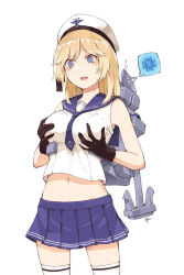 Rule 34 | afako, black gloves, blonde hair, blue eyes, breasts squeezed together, breasts, command and conquer, gloves, grabbing own breast, hat, medium breasts, navel, pleated skirt, red alert 3, school uniform, serafuku, simple background, skirt, solo, standing, thighhighs, white background, white thighhighs