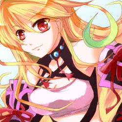 Rule 34 | 1girl, ahoge, bad id, bad pixiv id, blonde hair, breasts, choker, gradient hair, green hair, long hair, lowres, milla maxwell, multicolored hair, red eyes, shirt, smile, solo, strapless, suzuka (once), tales of (series), tales of xillia, taut clothes, taut shirt, tube top