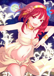 Rule 34 | 1girl, breasts, choker, flower, full moon, hair flower, hair ornament, long hair, looking at viewer, magi the labyrinth of magic, moon, morgiana, navel, open mouth, red eyes, red hair, sato iruno, satou iruno, side ponytail, smile, solo