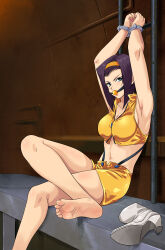 Rule 34 | 1girl, absurdres, armpits, ball gag, barefoot, bdsm, blue eyes, bondage, bound, bound wrists, breasts, cleavage, collarbone, cowboy bebop, crop top, faye valentine, gag, gagged, headband, highres, improvised gag, legs, lipstick, looking at viewer, lost one zero, makeup, medium breasts, midriff, navel, purple hair, shoes, unworn shoes, shorts, solo, thighs, wrist cuffs