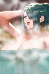 Rule 34 | 1girl, akaringh, arm up, azuma fubuki, blue eyes, breasts, green hair, hair over one eye, hair up, highres, large breasts, mato seihei no slave, nipples, nude, onsen, open mouth, partially underwater shot, solo, steam, tongue, tongue out, upper body, wet