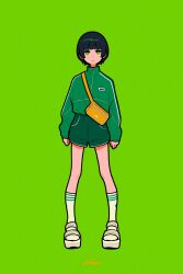 Rule 34 | 1girl, absurdres, artist logo, bag, black hair, expressionless, full body, green background, green eyes, green shorts, green theme, green track suit, highres, looking at viewer, miyoshi yoshimi, original, short hair, shorts, shoulder bag, simple background, socks, solo, standing, track suit, white socks
