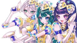 Rule 34 | 3girls, :d, ao (ao0 0nemu), arm up, bad id, bad twitter id, blue bow, blue eyes, blunt bangs, bow, closed mouth, commentary request, energy gun, gloves, green eyes, green hair, grey hair, gun, hair between eyes, hair bow, hanazono shuka, highres, holding, holding gun, holding weapon, idol clothes, idol time pripara, long hair, looking ahead, multiple girls, open mouth, outstretched arms, ponytail, pretty series, pripara, purple eyes, purple hair, ray gun, shikyoin hibiki, short hair, simple background, smile, star (symbol), tsukikawa chili, two side up, upper body, weapon, white background, white gloves, yellow bow