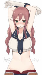 Rule 34 | 10s, 1girl, armpits, arms up, bad id, bad pixiv id, blush, breasts, cleavage, gloves, green eyes, groin, kantai collection, large breasts, long hair, looking at viewer, midriff, navel, nekoume, noshiro (kancolle), open mouth, personification, red hair, simple background, solo, white background