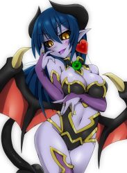 Rule 34 | &gt;:d, &gt;:p, 1girl, :d, :p, astaroth (shinrabanshou), bad id, bad twitter id, bare shoulders, black detached collar, black horns, black leotard, black sclera, black tail, black wings, blue hair, blue skin, blush, breast hold, breasts, bridal gauntlets, cleavage, clothing cutout, colored sclera, colored skin, colored tongue, cowboy shot, demon, demon girl, demon horns, demon tail, demon wings, detached collar, earrings, elbow gloves, fang, female focus, gloves, grey skin, hair between eyes, hand up, head tilt, heart, heart earrings, highres, horns, jewelry, kiramashi (satsujinki), large breasts, legs, leotard, long hair, naughty face, navel, navel cutout, neck, open mouth, pointy ears, purple bridal gauntlets, purple footwear, purple tongue, red wings, revealing clothes, shinrabanshou, simple background, single thighhigh, slit pupils, smile, solo, standing, strapless, strapless leotard, tail, thighhighs, tongue, tongue out, white background, wings, yellow eyes