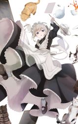Rule 34 | 1girl, animal, apron, arm up, black dress, blue eyes, brown footwear, cat, cup, dress, duster, grey hair, highres, holding, juliet sleeves, long sleeves, looking at viewer, maid, maid apron, open mouth, original, pantyhose, puffy sleeves, shiwa (siwaa0419), shoes, solo, tea, teacup, teapot, teeth, upper teeth only, white apron, white background, white pantyhose