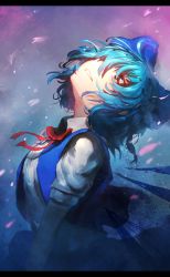 Rule 34 | 1girl, absurdres, blue eyes, blue hair, blue skirt, blue vest, bow, bowtie, cirno, collared shirt, cowboy shot, grin, hair bow, highres, ice, ice wings, letterboxed, looking up, niwarhythm, red bow, red bowtie, shirt, short hair, short sleeves, skirt, smile, solo, touhou, vest, white shirt, wings