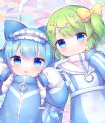 Rule 34 | 2girls, blue bow, blue dress, blue eyes, blue hair, blush, bow, cirno, coa (chroo x), daiyousei, detached wings, dress, fairy, green hair, hair bow, hair ornament, highres, ice, ice wings, multiple girls, open mouth, parted lips, short hair, side ponytail, sleeves past fingers, sleeves past wrists, smile, touhou, wings, x hair ornament