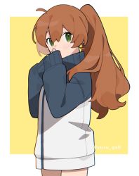 Rule 34 | 1girl, absurdres, blush, brown hair, commentary request, covered mouth, eyebrows hidden by hair, green eyes, hair between eyes, hands up, highres, jacket, long sleeves, looking at viewer, original, pekaso1118n, ponytail, puffy long sleeves, puffy sleeves, sleeves past wrists, solo, twitter username, two-tone background, white background, white jacket, yellow background