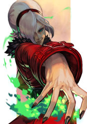 Rule 34 | 1boy, aqua eyes, ash crimson, black nails, blonde hair, coat, cowboy shot, fingernails, fire, fur collar, green fire, hair over one eye, headband, hungry clicker, long fingernails, long sleeves, looking at viewer, nail polish, outstretched arm, pyrokinesis, red coat, snk, solo, the king of fighters, the king of fighters xv