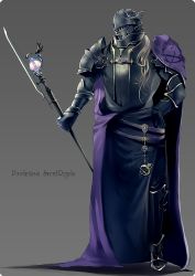 Rule 34 | armor, bertolucci (pixiv fantasia), black armor, black gloves, cape, copyright name, full body, gem, gloves, grey background, hand on own hip, helmet, highres, holding, holding weapon, jewelry, long hair, nicole pmonachi, pixiv fantasia, pixiv fantasia sword regalia, purple cape, solo, standing, weapon