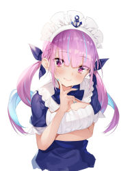 Rule 34 | 1girl, anchor symbol, blue hair, blue nails, blue ribbon, blunt bangs, blush, breasts, cleavage, cleavage cutout, closed mouth, clothing cutout, colored inner hair, commentary request, eyes visible through hair, hair ribbon, highres, hololive, long hair, looking at viewer, maid headdress, medium breasts, minato aqua, minato aqua (1st costume), mokew, multicolored hair, nail polish, pink eyes, pink hair, ribbon, short sleeves, simple background, solo, twintails, two-tone hair, virtual youtuber, white background