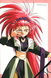 Rule 34 | 1990s (style), 1girl, green eyes, hair slicked back, hakubi washuu, highres, red hair, retro artstyle, solo, spiked hair, tenchi muyou!