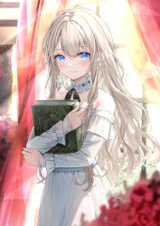 Rule 34 | 1girl, absurdres, akasaka asa, bare shoulders, blue eyes, blue gemstone, blush, book, choker, closed mouth, commentary, commentary request, curtains, dress, earrings, english commentary, frilled choker, frills, gem, hair between eyes, highres, holding, holding book, jewelry, long hair, long sleeves, looking at viewer, mixed-language commentary, off-shoulder dress, off shoulder, original, smile, solo, white choker, white dress, white hair
