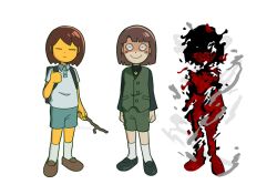 Rule 34 | 3others, brown hair, chara (undertale), closed eyes, closed mouth, collared shirt, commentary, english commentary, frisk (undertale), full body, holding, holding stick, looking at viewer, mob psycho 100, multiple others, nicuoi, shirt, short hair, short sleeves, shorts, simple background, smile, standing, stick, undertale, white background