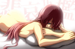 Rule 34 | 1girl, ass, bad id, bed, blue eyes, breast press, breasts, female focus, hair over one eye, half-closed eyes, large breasts, long hair, looking at viewer, lying, megurine luka, no10, nude, hugging object, on stomach, pillow, pillow hug, pink hair, solo, vocaloid