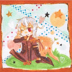 Rule 34 | 00s, 1boy, animal, boots, coat, duke pantarei, elbow gloves, gloves, heart, long hair, lowres, one eye closed, red eyes, smile, squirrel, star (symbol), tales of (series), tales of vesperia, tree, white hair, wink