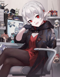 Rule 34 | 1girl, absurdres, ao oni (onioni-aoi), arknights, black gloves, braid, french braid, gloves, grey hair, highres, looking at viewer, open mouth, red eyes, sitting, solo, stuffed toy, warfarin (arknights)