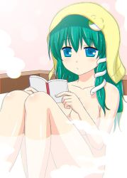 Rule 34 | 1girl, :/, bath, blue eyes, blush, book, breasts, collarbone, cpu (hexivision), frog hair ornament, green eyes, hair ornament, holding, holding book, knees up, kochiya sanae, large breasts, long hair, nude, one-hour drawing challenge, open book, partially submerged, reading, snake hair ornament, solo, steam, touhou, towel, towel on head