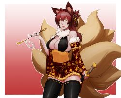 Rule 34 | 1girl, absurdres, animal ears, bare shoulders, bell, black thighhighs, breasts, cleavage, cowboy shot, detached sleeves, floral print, fox ears, fox tail, gradient background, hair bell, hair ornament, highres, holding, holding smoking pipe, holding sword, holding weapon, japanese clothes, jingle bell, kiseru, large breasts, less, long hair, looking at viewer, multiple tails, obi, original, red background, red hair, ribbon-trimmed legwear, ribbon trim, sash, sheath, sheathed, smile, smoking pipe, solo, sword, tail, thighhighs, weapon, wide sleeves, yellow eyes