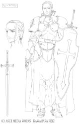 Rule 34 | 10s, 1boy, armor, bunbun, character sheet, full body, greyscale, heathcliff (sao), holding, holding sword, holding weapon, male focus, monochrome, official art, shield, shield scabbard, solo, sword, sword art online, watermark, weapon, white background