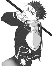 Rule 34 | 1boy, armor, beads, bodysuit, closed mouth, cu chulainn (fate), cu chulainn (fate/stay night), earrings, fate/stay night, fate (series), gae bolg (fate), grin, hair beads, hair ornament, hand on own hip, holding, holding polearm, holding weapon, jewelry, long hair, looking at viewer, male focus, muscular, muscular male, nozawa, pauldrons, polearm, polearm behind back, ponytail, red eyes, shoulder armor, simple background, skin tight, smile, solo, spiked hair, weapon