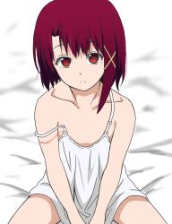 Rule 34 | 1girl, absurdres, asymmetrical hair, blanket, brown eyes, brown hair, closed mouth, collarbone, commentary, dress, eitetsu, hair ornament, hairclip, highres, iwakura lain, looking at viewer, serial experiments lain, short hair, solo, strap slip, white dress