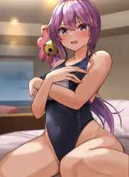 Rule 34 | 1girl, akebono (kancolle), bed sheet, bell, blurry, blurry background, blush, breasts, covered navel, covering privates, covering breasts, embarrassed, flower, hair bell, hair between eyes, hair flower, hair ornament, highres, kantai collection, kihou no gotoku dmc, looking at viewer, on bed, one-piece swimsuit, open mouth, pillow, pink flower, purple eyes, purple hair, school swimsuit, side ponytail, sitting, small breasts, solo, swimsuit, wariza