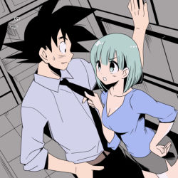 Rule 34 | 1boy, 1girl, :o, against wall, alternate costume, bad id, bad pixiv id, belt, black eyes, black hair, blue eyes, blue hair, blue shirt, breasts, bulma, cleavage, collarbone, dragon ball, dragonball z, formal, frown, grey shirt, grey skirt, hand in pocket, hand on own hip, height difference, indoors, kanekiyo miwa, long sleeves, looking at another, necktie, necktie grab, neckwear grab, nervous, nervous smile, open mouth, pants, profile, shirt, short hair, skirt, smile, son goku, spiked hair, sweatdrop