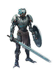 Rule 34 | absurdres, bionicle, blue eyes, commentary, english commentary, extra eyes, glowing, glowing eyes, highres, holding, holding shield, holding sword, holding weapon, kanohi (bionicle), kopaka (bionicle), kory cromie, loincloth, looking at viewer, redesign, shield, sword, the lego group, weapon