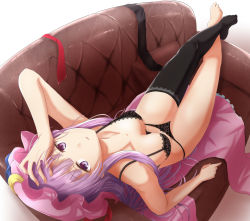 Rule 34 | 1girl, bare arms, bare shoulders, black bra, black panties, black thighhighs, bra, breasts, couch, crescent, full body, hat, long hair, looking at viewer, lying, medium breasts, mob cap, on back, panties, patchouli knowledge, pink hat, purple eyes, purple hair, ram hachimin, single thighhigh, solo, thighhighs, touhou, underwear, underwear only