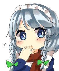 Rule 34 | 1girl, bad id, bad pixiv id, blue eyes, blue shirt, braid, bright pupils, chibi, flying sweatdrops, hair ribbon, hand to own mouth, hand up, highres, izayoi sakuya, long sleeves, looking to the side, maid headdress, red scarf, ribbon, sasa kichi, scarf, shirt, silver hair, simple background, solo, touhou, tress ribbon, white background
