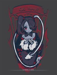 Rule 34 | 1girl, blood, coffin, dress, grey background, hair over one eye, leviathan (skullgirls), long sleeves, ng (kimjae737), red eyes, side ponytail, skullgirls, smile, solo, squigly (skullgirls), stitched mouth, stitches