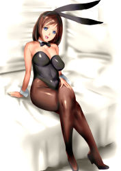 Rule 34 | 1girl, absurdres, animal ears, bad id, bad pixiv id, bare shoulders, bed, blue eyes, breasts, brown hair, cleavage, crossed legs, cuffs, dodai shouji, fake animal ears, gradient background, highres, large breasts, legs, leotard, long hair, long legs, looking at viewer, open mouth, original, pantyhose, playboy bunny, rabbit ears, smile, solo, thighs, wrist cuffs