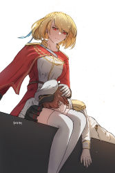 Rule 34 | 1boy, 1girl, absurdres, age difference, artist name, azur lane, blonde hair, braid, cape, child, commentary, commission, crown braid, english commentary, hand on another&#039;s head, hat, hetero, highres, lap pillow, military, military uniform, naval uniform, onee-shota, pleated skirt, prince of wales (azur lane), red eyes, rideth mochi, sitting, skirt, thighhighs, uniform