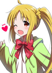 Rule 34 | 1girl, ahoge, ai wa muteki, blonde hair, bocchi the rock!, bow, brown eyes, cardigan, collared shirt, commentary, cropped torso, cube hair ornament, green jacket, hair ornament, happy, heart, highres, ijichi nijika, jacket, long hair, long sleeves, one eye closed, open mouth, pale skin, ponytail, portrait, red bow, school uniform, shirt, side ponytail, smile, white shirt