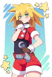 Rule 34 | 1girl, absurdres, belt, blonde hair, blush, brown belt, brown gloves, buzzlyears, closed mouth, cropped shirt, gloves, green eyes, highres, holding, holding wrench, long hair, looking at viewer, mega man (series), mega man legends (series), red shorts, roll caskett (mega man), short sleeves, shorts, smile, solo, wrench