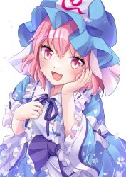 Rule 34 | 1girl, absurdres, blue hat, blue kimono, blue ribbon, blue sash, blush, floral print, frilled sleeves, frills, hand on own face, hat, highres, japanese clothes, kimono, long sleeves, looking at viewer, mob cap, open mouth, pink eyes, pink hair, ramie (ramie541), ribbon, ribbon-trimmed collar, ribbon trim, saigyouji yuyuko, sash, short hair, simple background, smile, solo, touhou, triangular headpiece, upper body, veil, white background, wide sleeves