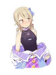 Rule 34 | 1girl, bad id, bad pixiv id, bare shoulders, black shirt, blue bow, blue skirt, blush, bow, breasts, brown eyes, brown hair, character name, cosplay, cosplay request, hair bow, heart, idolmaster, idolmaster cinderella girls, jacket, long hair, long sleeves, looking away, morikubo nono, nose blush, parted lips, plaid, plaid skirt, shirt, simple background, skirt, sleeveless, sleeveless shirt, sleeves past wrists, small breasts, solo, striped, striped bow, sweat, uccow, white background, white jacket
