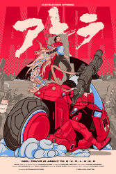 Rule 34 | 2boys, akira (manga), bicycle, black hair, cape, cyberpunk, gloves, highres, jacket, kaneda shoutarou&#039;s bike, kaneda shoutarou (akira), logo, multiple boys, open mouth, pants, red cape, red footwear, red jacket, red pants, science fiction, shima tetsuo, teeth, vincent aseo, weapon