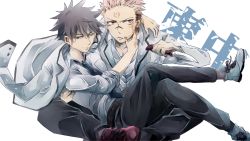 Rule 34 | 2boys, arm around neck, black hair, black pants, blood, commentary request, facial mark, fushiguro megumi, green eyes, hand on another&#039;s face, highres, holding, holding knife, ico oekaki, jacket, jacket on shoulders, jujutsu kaisen, knife, long sleeves, looking to the side, male focus, multiple boys, necktie, one eye closed, pants, pink hair, red eyes, red footwear, ryoumen sukuna (jujutsu kaisen), shoes, short hair, smile, spiked hair, tattoo, undercut, white jacket, yaoi