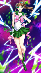 Rule 34 | 1girl, ankle boots, bare legs, bishoujo senshi sailor moon, boots, bow, brooch, brown hair, choker, cross-laced footwear, earrings, elbow gloves, electricity, full body, gloves, green eyes, green footwear, green skirt, hair bobbles, hair ornament, hand on own hip, heart, heart brooch, highres, jewelry, kino makoto, lace-up boots, legs, leotard, long hair, magical girl, miniskirt, one eye closed, pink bow, pleated skirt, ponytail, purple background, sailor collar, sailor jupiter, sailor senshi uniform, sao (saowee), skirt, smile, solo, super sailor jupiter, tiara, white gloves, wink