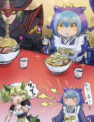 1boy 2girls absurdres bad_breath blue_kimono chopsticks dragon_girl dragon_horns duel_monster eating eye_mask food green_hair hatano_kiyoshi highres holding holding_chopsticks holding_spoon horns japanese_clothes kimono laundry_dragonmaid maid maid_headdress multiple_girls noodles parlor_dragonmaid ramen spoon the_great_noodle_inversion wa_maid wizard yellow_eyes yu-gi-oh!