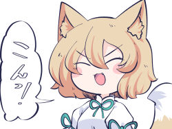 Rule 34 | 1girl, animal ears, blonde hair, blush stickers, chahan (fried rice0614), closed eyes, fang, fox ears, fox tail, green ribbon, hair between eyes, ko~n, kudamaki tsukasa, one-hour drawing challenge, open mouth, ribbon, romper, short hair, simple background, smile, solo, speech bubble, tail, touhou, upper body, white background, white romper