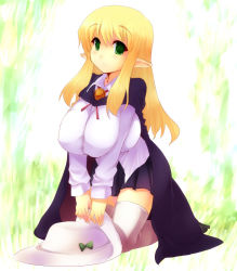 Rule 34 | 00s, 1girl, blonde hair, blouse, breasts, brooch, cape, cleavage, elf, goban, green eyes, hat, huge breasts, jewelry, kneeling, leaning forward, long hair, pointy ears, shirt, skirt, smile, solo, thighhighs, tiffania westwood, white thighhighs, zero no tsukaima, zettai ryouiki