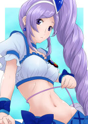 Rule 34 | 1girl, aono miki, blue background, blue choker, blue shirt, blue skirt, blush, braid, braided ponytail, breasts, choker, cleavage, closed mouth, commentary request, crop top, cure berry, dengeki gx, earrings, fresh precure!, groin, hair ornament, heart, heart earrings, heart hair ornament, highres, holding strap, jewelry, long hair, looking at viewer, magical girl, medium breasts, midriff, navel, parted bangs, precure, purple eyes, purple hair, ribbon, shirt, side ponytail, sidelocks, simple background, skirt, solo, standing, upper body, very long hair, white background, wrist ribbon