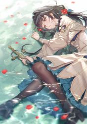 Rule 34 | 1girl, black hair, blush, commentary request, dress, fetal position, frilled dress, frills, hair intakes, hair tie, haru (hiyori-kohal), high heels, highres, holding, holding weapon, in water, looking ahead, lying, on side, original, pantyhose, parted lips, petals, red eyes, ripples, rose petals, solo, sword, tears, twintails, weapon, wet