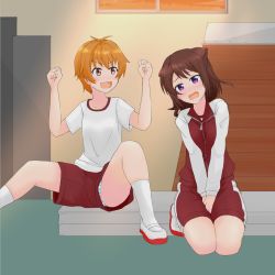 Rule 34 | 2girls, bang dream!, between legs, blue panties, blush, breasts, brown hair, clenched hands, collarbone, embarrassed, female focus, full body, gym uniform, hair ornament, hairclip, hand between legs, hands up, happy, have to pee, highres, jacket, kitazawa hagumi, kneeling, legs together, long sleeves, multiple girls, nose blush, open mouth, orange hair, own hands together, panties, panty peek, purple eyes, raglan sleeves, red eyes, red footwear, red jacket, red shorts, sen no yugami, shirt, shoes, short hair, short sleeves, shorts, sitting, skindentation, small breasts, smile, socks, spread legs, striped clothes, striped panties, sweat, tears, textless version, toyama kasumi, track jacket, trembling, underwear, upshorts, v arms, white legwear, white shirt, zipper, zipper pull tab