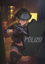 Rule 34 | 1girl, black gloves, black jacket, black shorts, black thighhighs, blue eyes, brown hair, combat helmet, commission, cropped jacket, ear protection, finger on trigger, german text, gloves, gun, h&amp;k mp7, hair between eyes, helmet, highres, holding, holding shield, indoors, jacket, looking ahead, microphone, midriff, optical sight, original, paperboathat, parted lips, ponytail, shield, short shorts, shorts, sleeves rolled up, solo, submachine gun, suppressor, termichan (not-a-bot), thighhighs, visor (armor), weapon